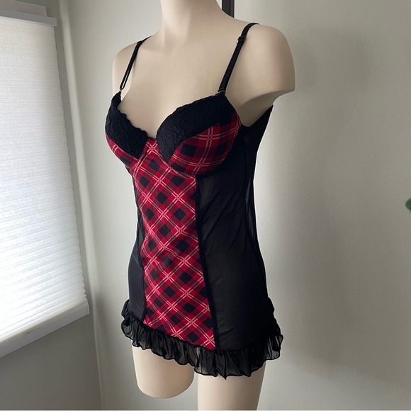 Hustler Lingerie Plaid Tartan Check Mesh Convertible Babydoll Red Black - Picture 5 of 8